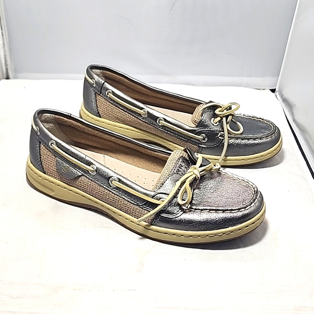 Sperry Top-Sider Boat Shoes Women's 8 Metallic Silver Leather Mesh Uppers